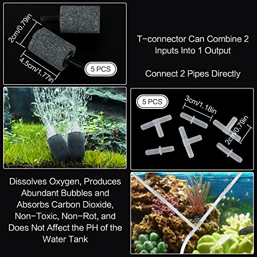 Accesorios Bomba de aire para Acuarios con Manguera de Aire para Acuarios de 5 m/ 16,4 pies y 5 Piedras Porosas para Acuarios y 5 Ventosas para Acuarios y 5 Válvulas de Retención y 10 Conectores
