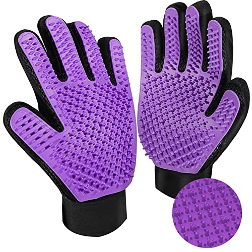 ACE2ACE Guante de cepillado para mascotas, cepillo de masaje para mascotas, eficaz para perros y gatos, perfecto para pelo largo y corto, 1 par (morado)