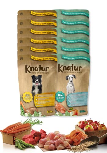 Alimento Natural casero para Perros, húmedo con Carne Fresca y Verduras Frescas - 90% Carne Knatur (12x600gr) (Mix (Pollo - salmón))