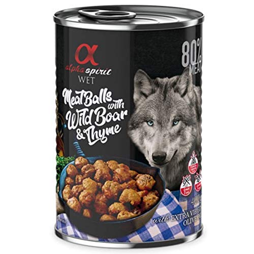 ALPHA SPIRIT - Comida Húmeda para Perros de Jabalí y Tomillo en ALBONDIGAS. Pack de 6 Unidades. 400 gr Cada Lata | ANIMALUJOS