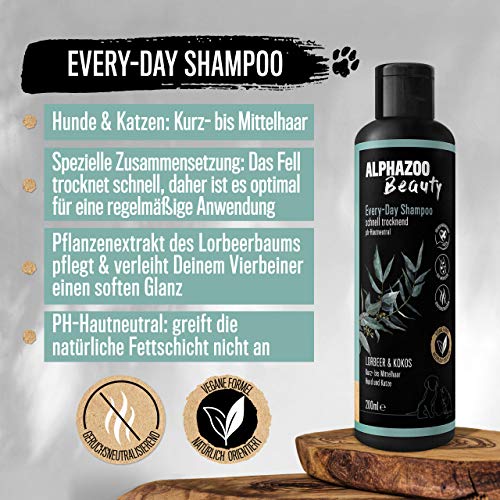 alphazoo Every-Day Champú de cuidado Perro y gato 200 ml, champú para el cuidado del pelaje con coco y laurel, brillo del pelaje, piel vital, orgánico y vegano, pH neutro, champú natural