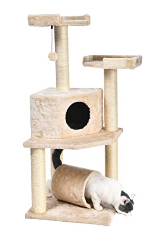 Amazon Basics - Torre en árbol con túnel y poste rascador para gatos, 48,3x48,3x109,2 cm, beige