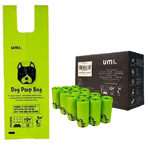 Amazon Brand - Umi Bolsas Caca Perro, Bolsas Excrementos de Perro Compostables - Origen Vegetal, Compostaje, Sin Microplásticos, Resistentes a Fugas - 13 x 40 cm con Asas, 120 Bolsas