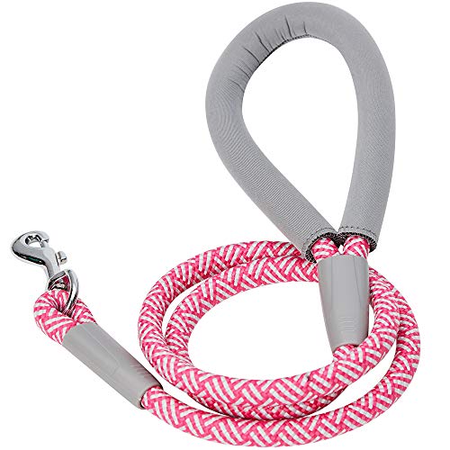 Amazon Brand - Umi - Correa para Perros de Cuerda Resistente con Rayas diagonales y cómodo Mango de Neopreno, 120 cm, Correas Resistentes para Perros (Rosa)