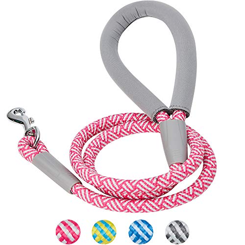 Amazon Brand - Umi - Correa para Perros de Cuerda Resistente con Rayas diagonales y cómodo Mango de Neopreno, 120 cm, Correas Resistentes para Perros (Rosa)