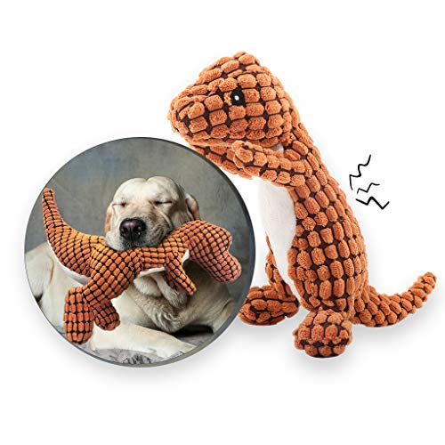 Andiker Juguete de peluche para perro de peluche Juguete interactivo duradero de pana Incluye juguete de peluche de plástico que hace ruido Squeaker forma de dinosaurio (naranja)