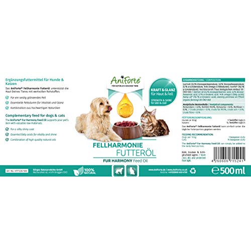 AniForte - Aceite Feed Oil para perros y gatos 500 ml - cuidado natural del pelaje para un pelo brillante y sedoso, rico en Omega 3 y Omega 6 ácidos grasos