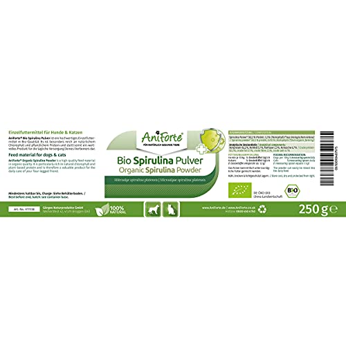 AniForte Espirulina Bio en polvo de para perros y gatos 250g - Las microalgas ayudan a la piel y pelaje, así como al sistema inmunológico y a los procesos metabólicos