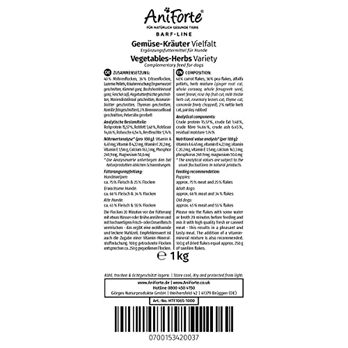 AniForte Variedad de Verduras y Hierbas para la alimentación cruda 1kg - suplemento alimenticio Barf para Perros