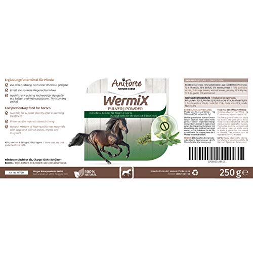 AniForte WermiX en Polvo para Caballos y Ponis 250g - Producto Natural para Antes, Durante y después de la infestación de Gusanos, el ajenjo y Las Hierbas Naturales ayudan al estómago y el intestino