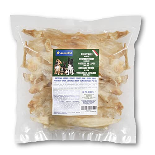 Annonpet 250 Gramos (22 Piezas) de Orejas de Conejo sin Pelo Bajas en Grasa. Masticar bocadillos para Perros. Ideal para Dieta Barf