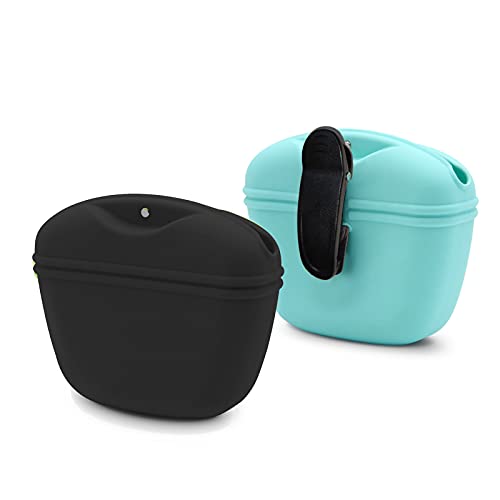 ANTUREBAY Bolsa para golosinas para perros, bolsa de silicona para entrenamiento de perros, bolsa de comida portátil con cierre magnético y clip para la cintura (negro y azul)