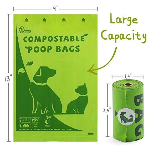 ANWA Bolsas biodegradables para excrementos de perro, bolsas compostables, extra gruesas, a base de vegetales, certificadas, 100% ecológicas