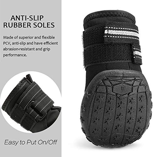 AQH Zapatos Perro, 4 Pcs Zapatos Impermeables para Perros, con Banda Reflectante Suelas de Goma Antideslizantes Resistentes (6#, Negro)