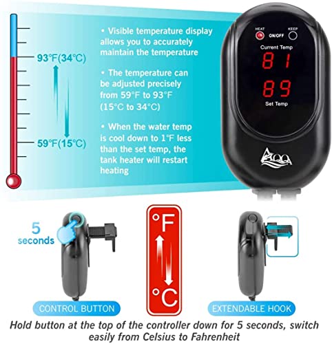 AQQA Calentador de acuario 500W, varilla de calentamiento de acuario digital de temperatura ajustable con pantalla LED y controlador de temperatura externo