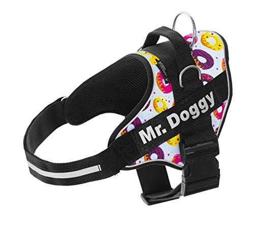 Arnés Personalizado para Perros - Arnés para Perros Reflectante y Seguro - Incluye 2 Etiquetas con Nombre - Tamaño Pequeño, Mediano y Grande - De Calidad y Resistente (L 21-32KG, Donuts)