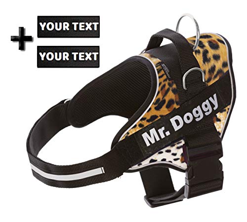 Arnés Personalizado para Perros Grandes, Pequeños y Medianos - Incluye 2 Etiquetas con Nombre - Reflectante - De Calidad y Resistente (XS 3-7,5KG, Cebra) (S 6-14KG, Leopardo)