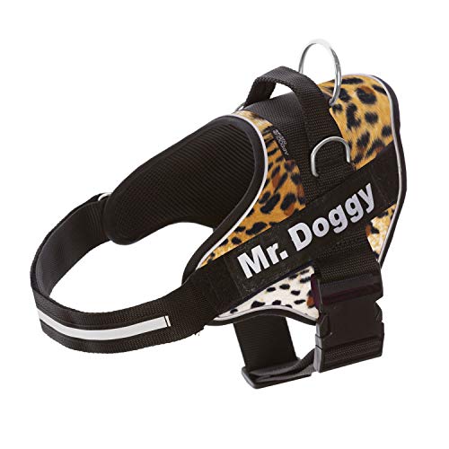 Arnés Personalizado para Perros Grandes, Pequeños y Medianos - Incluye 2 Etiquetas con Nombre - Reflectante - De Calidad y Resistente (XS 3-7,5KG, Cebra) (S 6-14KG, Leopardo)