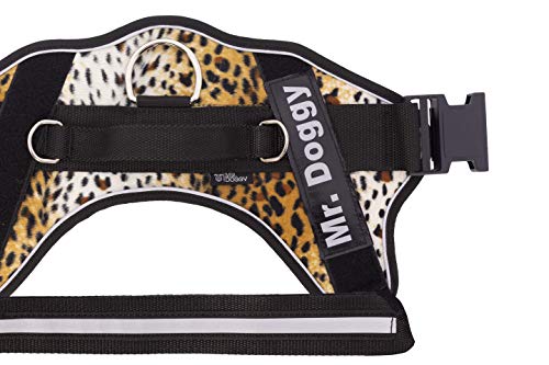 Arnés Personalizado para Perros Grandes, Pequeños y Medianos - Incluye 2 Etiquetas con Nombre - Reflectante - De Calidad y Resistente (XS 3-7,5KG, Cebra) (XXS 1,5-3,5KG, Leopardo)