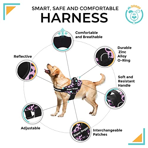 Arnes Personalizado para Perros - Tamaño Pequeño, Mediano y Grande - Incluye 2 Etiquetas con Nombre - Pechera para Perros Reflectante y Seguro - De Calidad y Resistente (XXS 1,5-3,5KG, Pink Leopard)