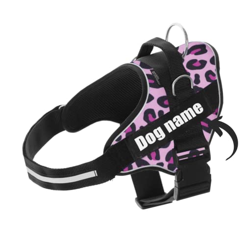 Arnes Personalizado para Perros - Tamaño Pequeño, Mediano y Grande - Incluye 2 Etiquetas con Nombre - Pechera para Perros Reflectante y Seguro - De Calidad y Resistente (XXS 1,5-3,5KG, Pink Leopard)