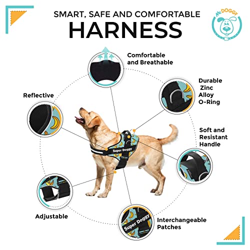 Arnes Personalizado para Perros - Tamaño Pequeño, Mediano y Grande - Incluye 2 Etiquetas con Nombre - Pechera para Perros Reflectante y Seguro - De Calidad y Resistente (L 21-32KG, Blue Banana)