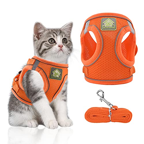 Arnés y Correa para Gatos con Collar para Perros pequeños, Perro Gato Anti-Escape, Chaleco de Malla Suave Transpirable con Rayas Reflectantes para Caminar al Aire Libre (Naranja, S)