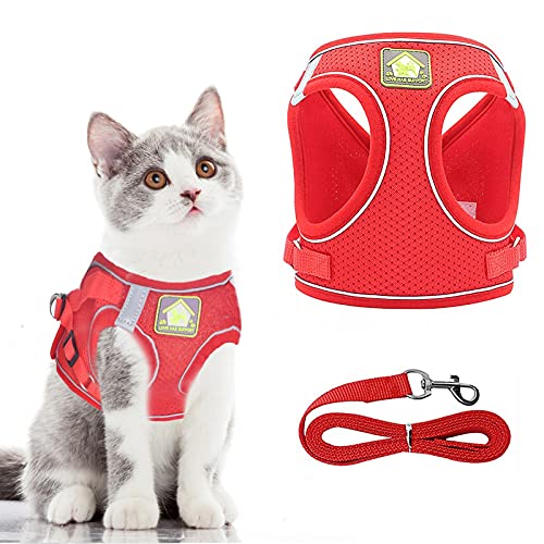 Arnés y Correa para Gatos con Collar para Perros pequeños, Perro Gato Anti-Escape, Chaleco de Malla Suave Transpirable con Rayas Reflectantes para Caminar al Aire Libre (Rojo, XS)