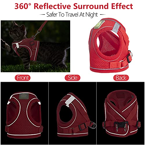 Arnés y Correa para Gatos con Collar para Perros pequeños, Perro Gato Anti-Escape, Chaleco de Malla Suave Transpirable con Rayas Reflectantes para Caminar al Aire Libre (Rojo, XS)