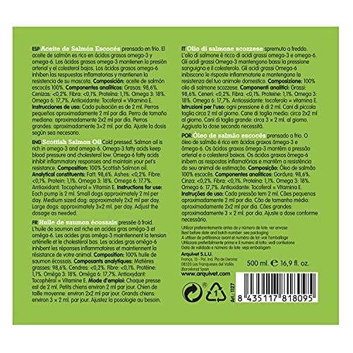 Arquivet Aceite de salmón escocés 500 ml para Perros y Gatos - Alimento complementario - Fuente de Omega 3 y 6 - Vitamina E - Comida para Perros y Gatos