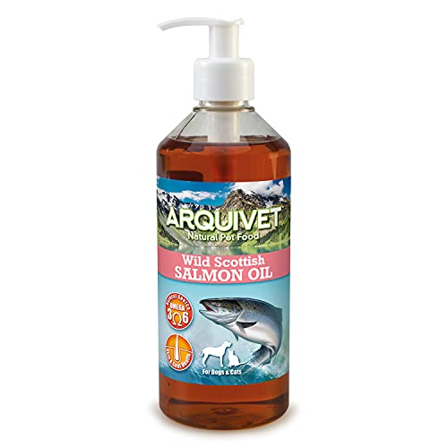 Arquivet Aceite de salmón escocés 500 ml para Perros y Gatos - Alimento complementario - Fuente de Omega 3 y 6 - Vitamina E - Comida para Perros y Gatos