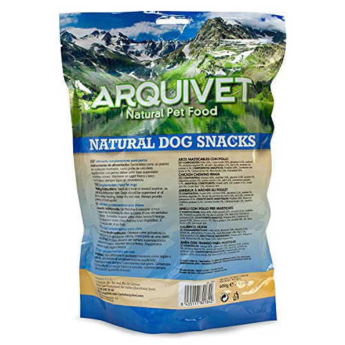 Arquivet Aros masticables con Pollo - Bolsa de 6 Unidades - Anillos, Donuts, roscos masticables - Snacks Naturales para Perros - Chuches, golosinas, premios, recompensas para Perros