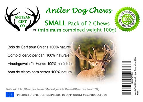 ARTISAN GIFT CO Mordedor Ecológico para Perros de Asta de Ciervo 100% Natural – Talla S (2 unds.) - Peso mínimo Combinado 100 grs.