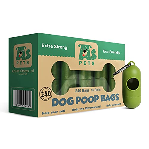 AS PETS Bolsas excrementos perros a granel, con 240 bolsitas caca perro regalamos dispensador, bolsas biodegradables para perros, de 22 x 33cm, recoge cacas de perros seguridad 100% a prueba de fugas