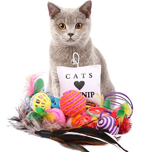 ASANMU Juguete Interactivo para Gatos, 20 Piezas Juguetes para Gatos Ratón y Bolas Varias con Campanas y Plumas, Cabezas de Repuesto Catnip Ball Juguete Gatos Raton Mascota Gato Juguetes Gatito