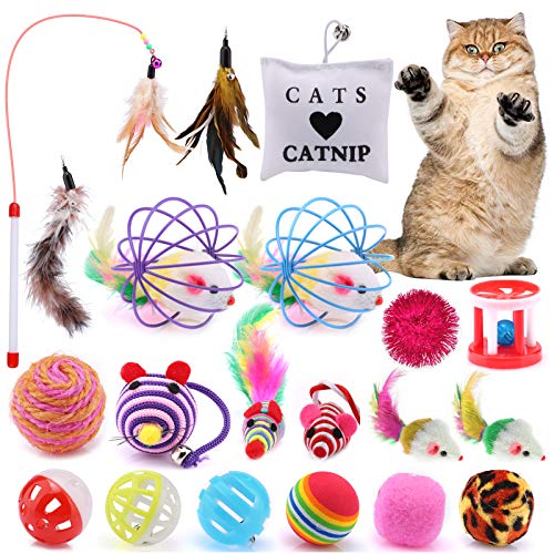 ASANMU Juguete Interactivo para Gatos, 20 Piezas Juguetes para Gatos Ratón y Bolas Varias con Campanas y Plumas, Cabezas de Repuesto Catnip Ball Juguete Gatos Raton Mascota Gato Juguetes Gatito