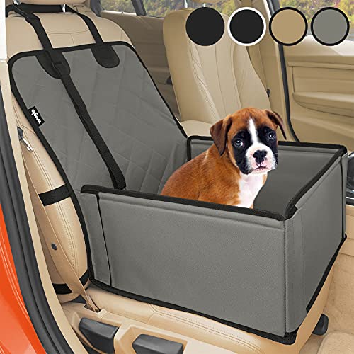 Asiento de coche para perro extra estable - Transportín coche robusto para perros pequeños y medianos - Paredes reforzadas y 3 cinturones - Cesta perro impermeable para asiento delantero o posterior