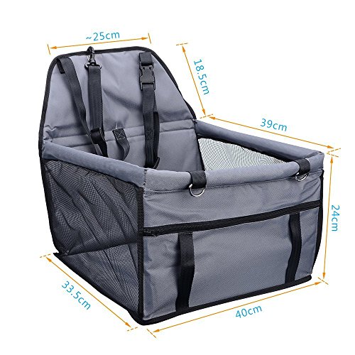 ASIV Plegable de perro mascota coche Booster asiento con clip-on correa de seguridad y cremallera bolsillo de almacenamiento, 41 x 33 x 25cm, gris