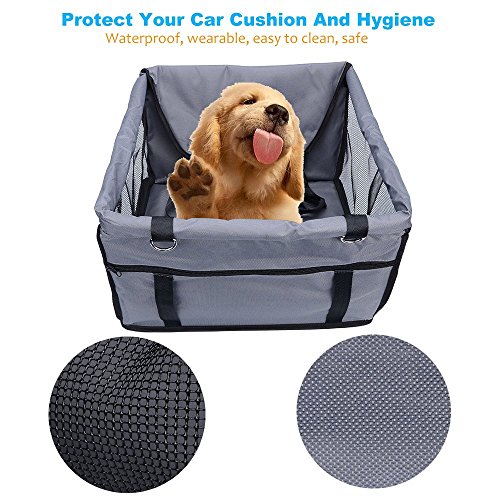 ASIV Plegable de perro mascota coche Booster asiento con clip-on correa de seguridad y cremallera bolsillo de almacenamiento, 41 x 33 x 25cm, gris