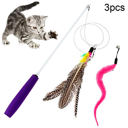 at Wand Puleather Refills, gato interactivo juguetes de plumas Teaser gato juguete pluma gato juguetes mascota gato teaser retractable varita juego juguete incluir plumas gusano campana de repues Col