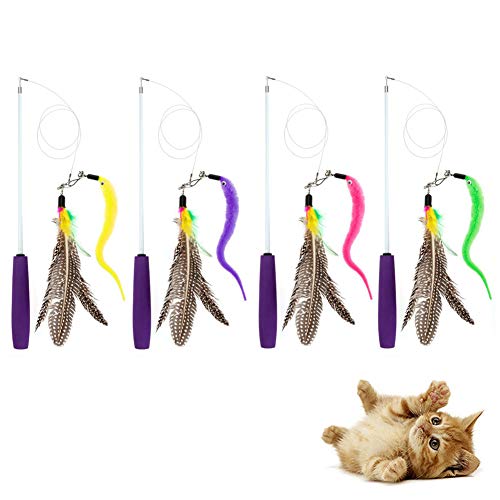 at Wand Puleather Refills, gato interactivo juguetes de plumas Teaser gato juguete pluma gato juguetes mascota gato teaser retractable varita juego juguete incluir plumas gusano campana de repues Col