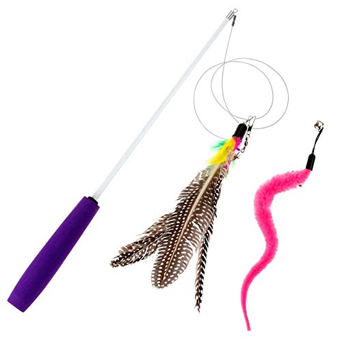 at Wand Puleather Refills, gato interactivo juguetes de plumas Teaser gato juguete pluma gato juguetes mascota gato teaser retractable varita juego juguete incluir plumas gusano campana de repues Col