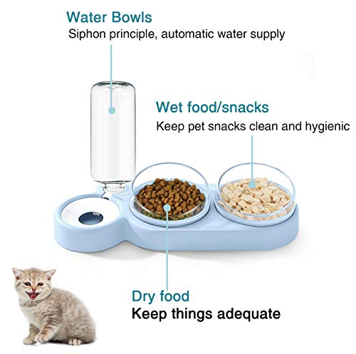 auvstar 3 en 1Cuenco del Gato Doble Tazón,15°Inclinación Tazón de Alimentación para Gatos,Comederos Gatos Elevado con Bebedero Automático,Antideslizante,Se Puede Utilizar para Gatos y Cachorros (Azul)