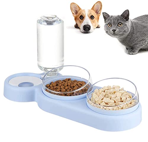 auvstar 3 en 1Cuenco del Gato Doble Tazón,15°Inclinación Tazón de Alimentación para Gatos,Comederos Gatos Elevado con Bebedero Automático,Antideslizante,Se Puede Utilizar para Gatos y Cachorros (Azul)