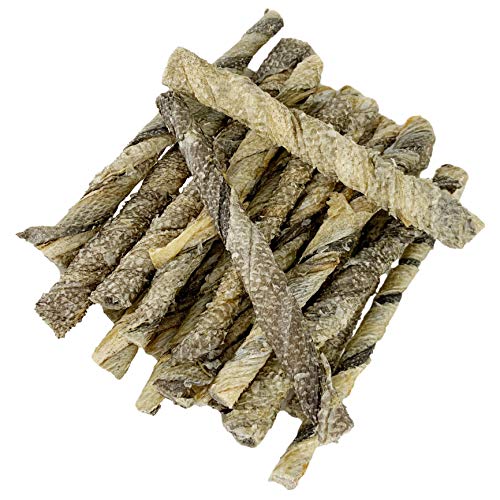 AVANZONA Golosinas para Perros, Snacks para Perros Naturales, TWISTERS de Bacalao, 100% Pescado Piel de Bacalao seco Fuente de Omega -3 para Perros pequeños, medianos y Grandes. 80 G