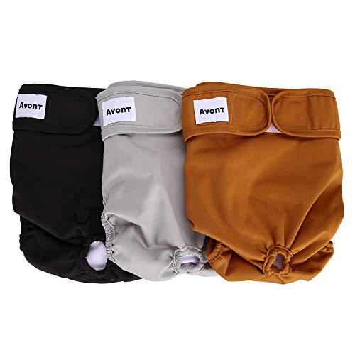 Avont 3 Packs - Pañales Lavables para Perras, Reutizables y Duraderos para Perros Hembra, Female Dog Diapers Altamente Absorbentes -XS, 6"-8.5" Cintura, Negro/Marrón/Gris