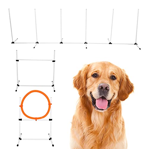 AYNEFY Juego de equipamiento de agilidad para perros, set de obstáculos con anillo de saltar y barra de obstáculos, equipo de entrenamiento de altura ajustable para juegos ocasionales