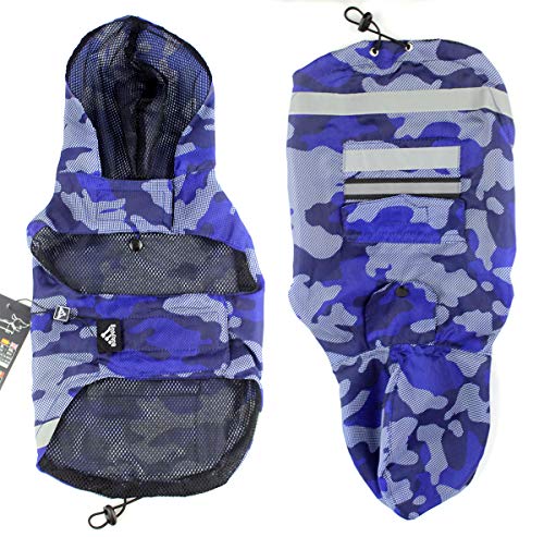 Babydog Abrigo Chaleco Impermeable para Perro con Capucha, Forro Transpirable y Sin Mangas, Cierre Velcro, Bolsillo Espalda, Modelo Camuflaje Militar (M, Azul)