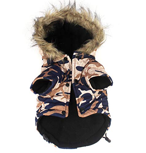 Babydog Abrigo Chaleco para Perro con Capucha, Forro Polar y Mangas, Cierre Corchetes, Modelo Camuflaje Militar (L, Marron Azul)