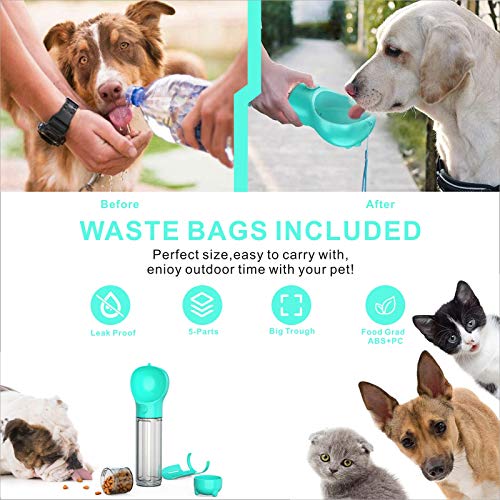 Baogaier Botellas de Agua para Perros 500ml Portatil Bebederos de Agua para Mascotas al Aire Libre, 5 en 1 Multifuncional Dispensador, Platos, Almacenamiento de Comida de Viaje para Gato Perros, Azul